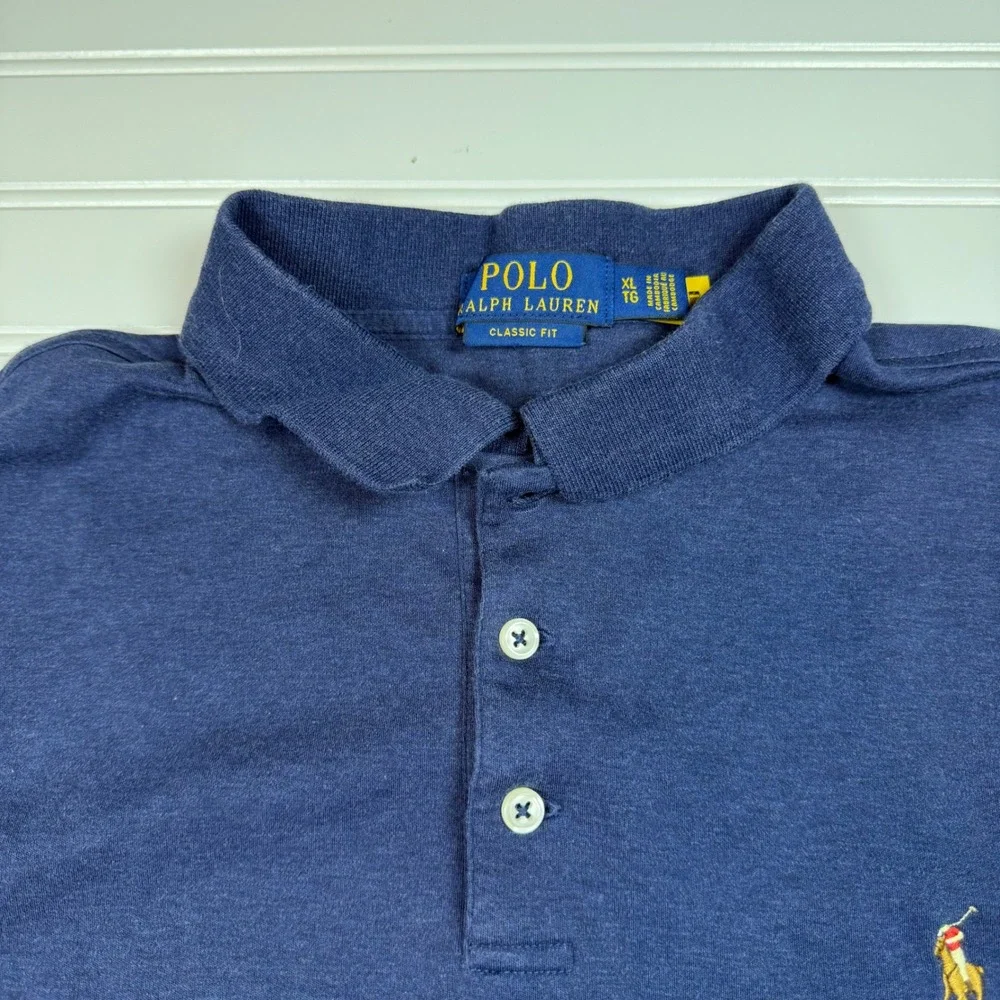 Polo Ralph Lauren Mens XL Classic‎ Fit Navy Blue Heather Cotton Polo Shirt Logo